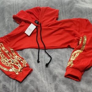 Red Cropped Hoodie with Gold Chain Design